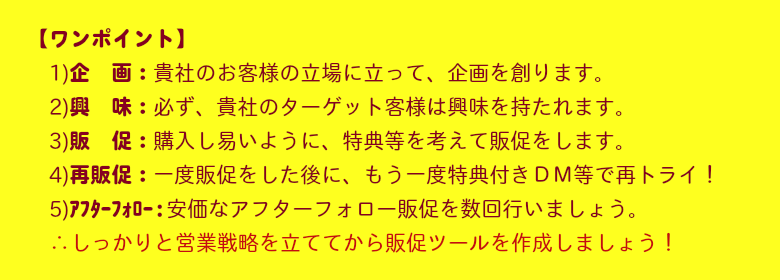 【ワンポイント】　1)企　画：貴社のお客様の立場に立って、企画を創ります。　2)興　味：必ず、貴社のターゲット客様は興味を持たれます。　3)販　促：購入し易いように、特典等を考えて販促をします。　4)再販促：一度販促をした後に、もう一度特典付きＤＭ等で再トライ！　5)ｱﾌﾀｰﾌｫﾛｰ:安価なアフターフォロー販促を数回行いましょう。　∴しっかりと営業戦略を立ててから販促ツールを作成しましょう！