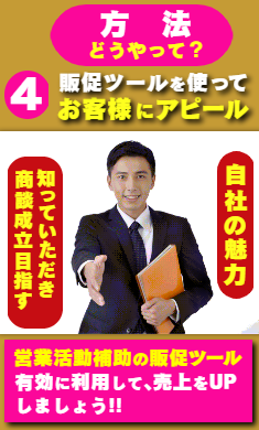 方法：どうやって？　販促ツーロ使用してお客様にアピールしましょう。