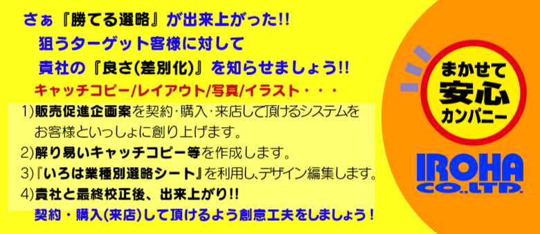 『いろは業種別戦略シート』を利用し､デザイン編集します。デザイン編集で、任せて安心カンパニー『いろは』です！