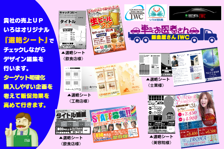 貴社の売上ＵＰの為の『いろは選略シート』でチェックしながらデザイン編集を行います。ターゲット客様の明確化と差別化、そしてお客様が購入し易いシステム創りをして、販促効果を高めて行きます!!
